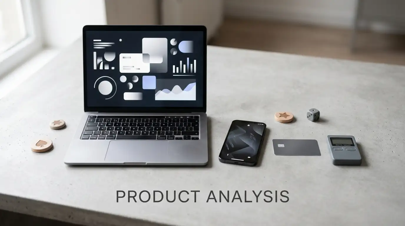 Desk with a laptop, payment cards, a mobile phone and abstract casino game symbols