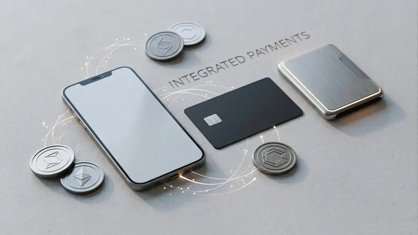 Mobile phone beside a bank card, digital wallet symbols and abstract cryptocurrency tokens