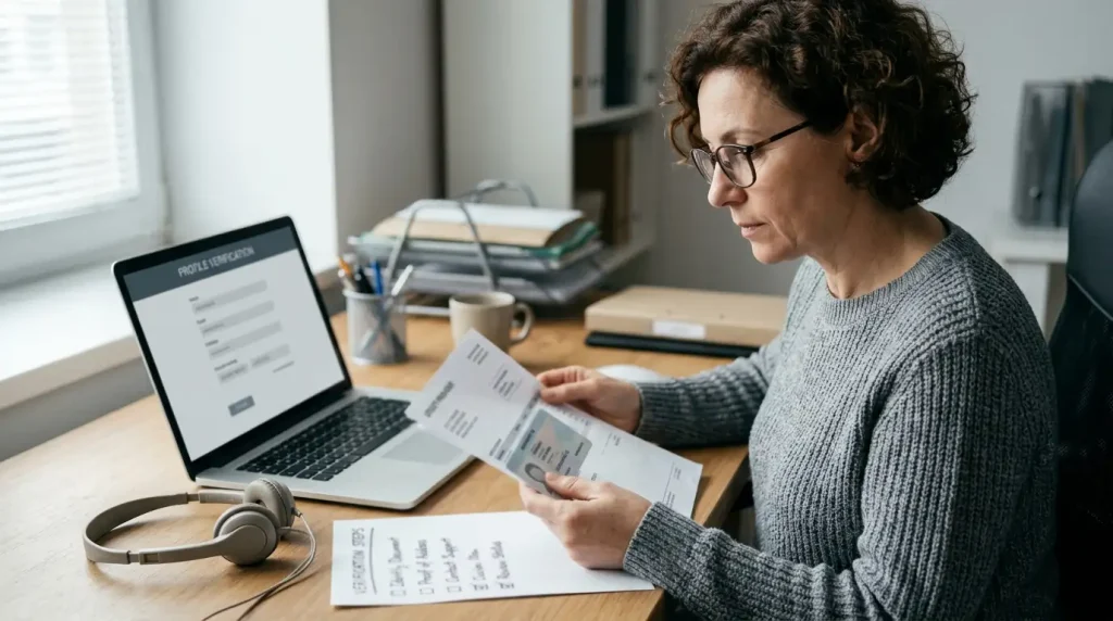 Person reviewing identity documents beside a laptop and support headset