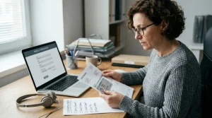 Person reviewing identity documents beside a laptop and support headset