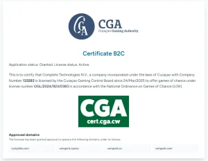 Curaçao Gaming Authority certificate page for WinSpirit and its licensed domain