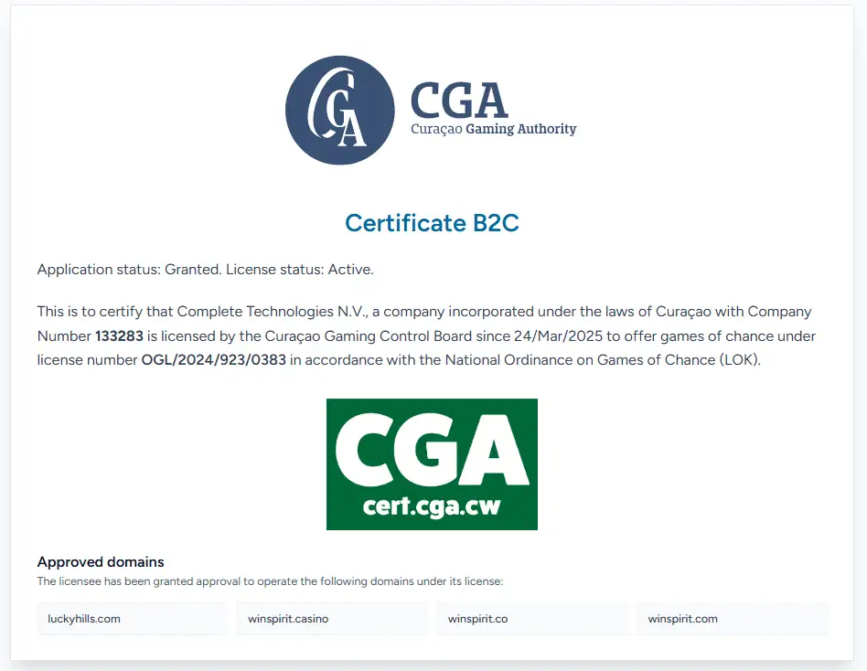 Curaçao Gaming Authority certificate page for WinSpirit and its licensed domain