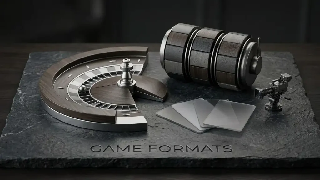 Abstract gaming table with slot reels, cards and a live studio camera