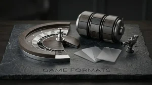 Abstract gaming table with slot reels, cards and a live studio camera