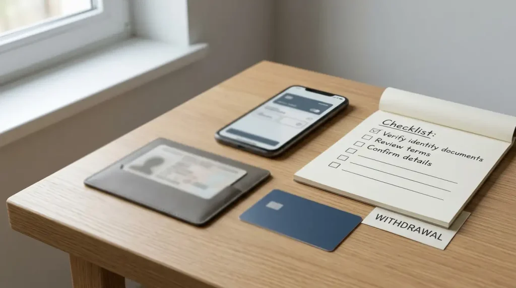Desk with a generic payment card, identity document folder and transaction checklist