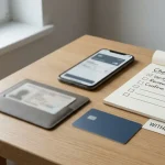 Desk with a generic payment card, identity document folder and transaction checklist